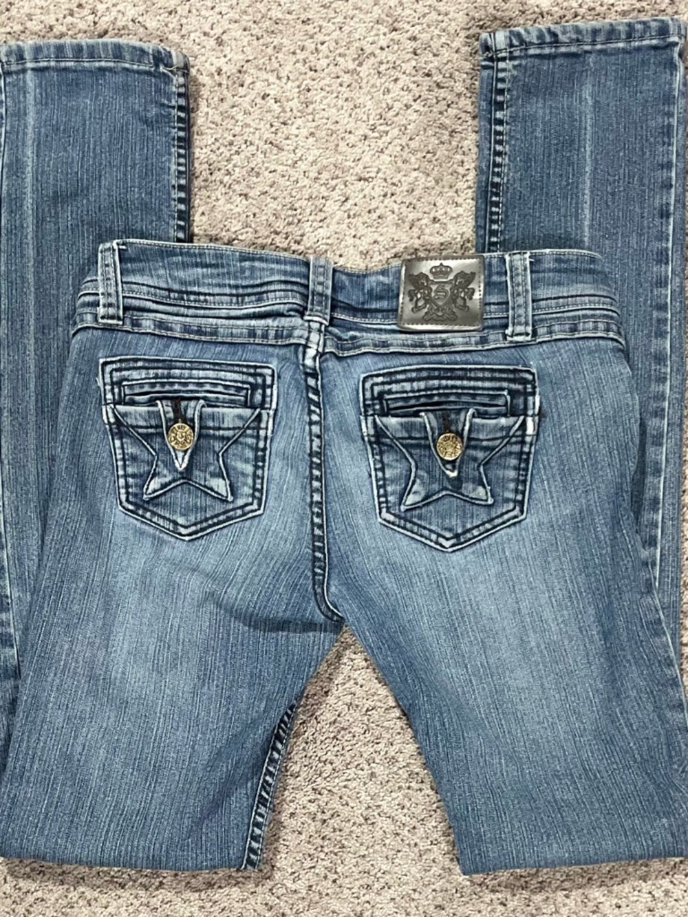 Y2K Streetwear Society Low Rise Bootcut Jeana Star Flap Pockets Stretch Denim